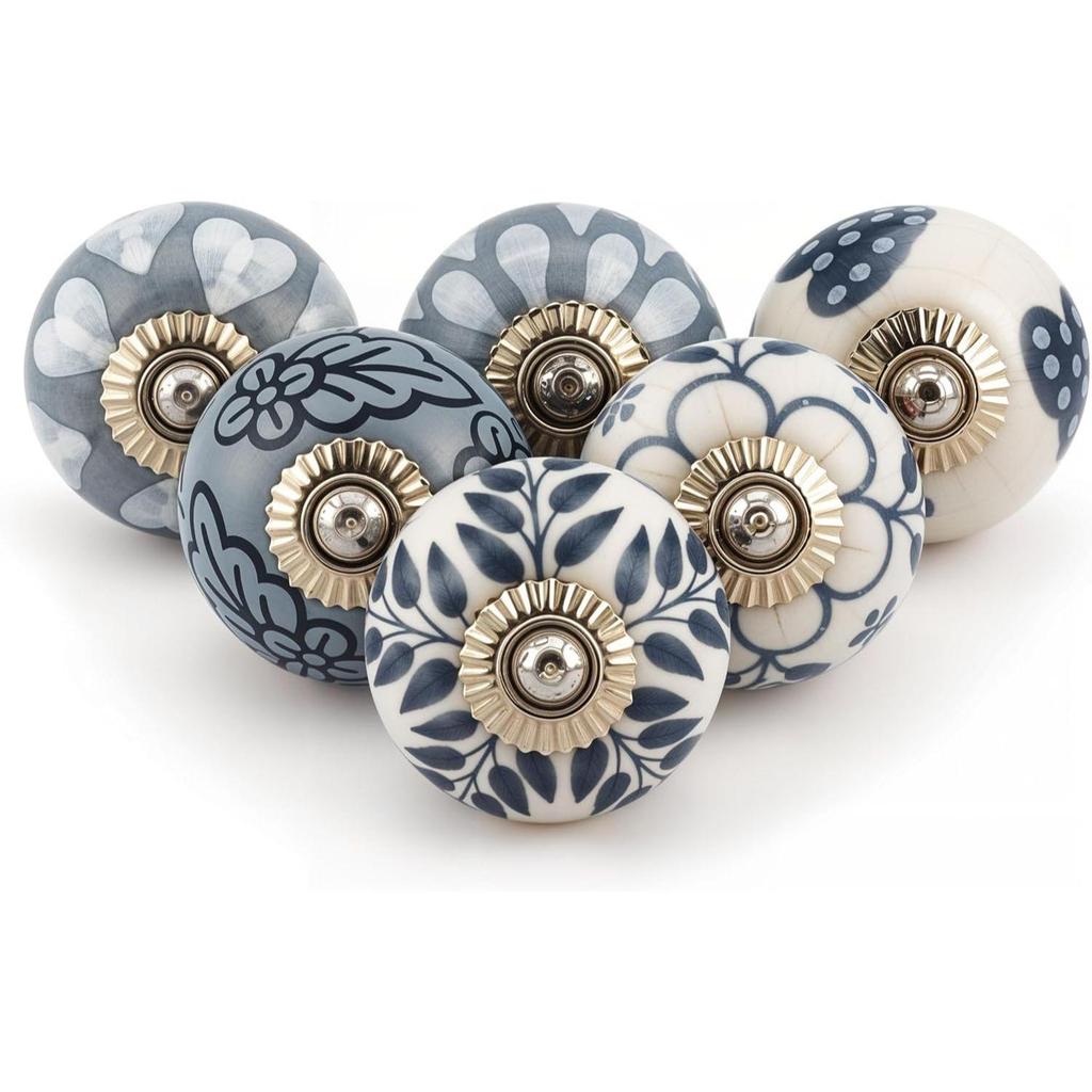 Butoni Ceramici World Butoni de Ușă pentru Sertare Vintage Handmade Albastru Mandala Mâner Cabinet pentru Mobilier Bucătărie Dulap (Gri, Pachet de 15)