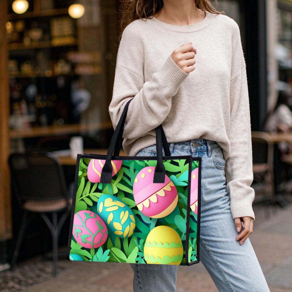Easter Egg Pattern Tote Bag Cute Green Leaf Print Daily Use Portable Fashion Casual Shopping Handbag