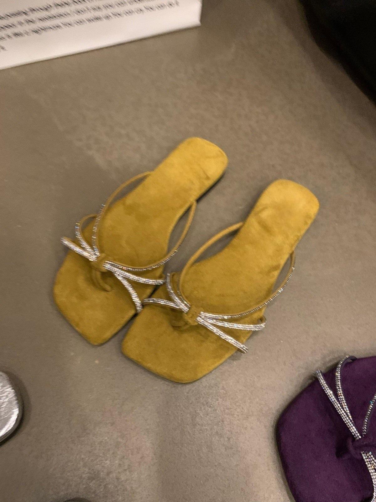 

Square head rhinestone clip slippers female outside wearing fairy shoes silver flat flip-flops 40 жёлтый