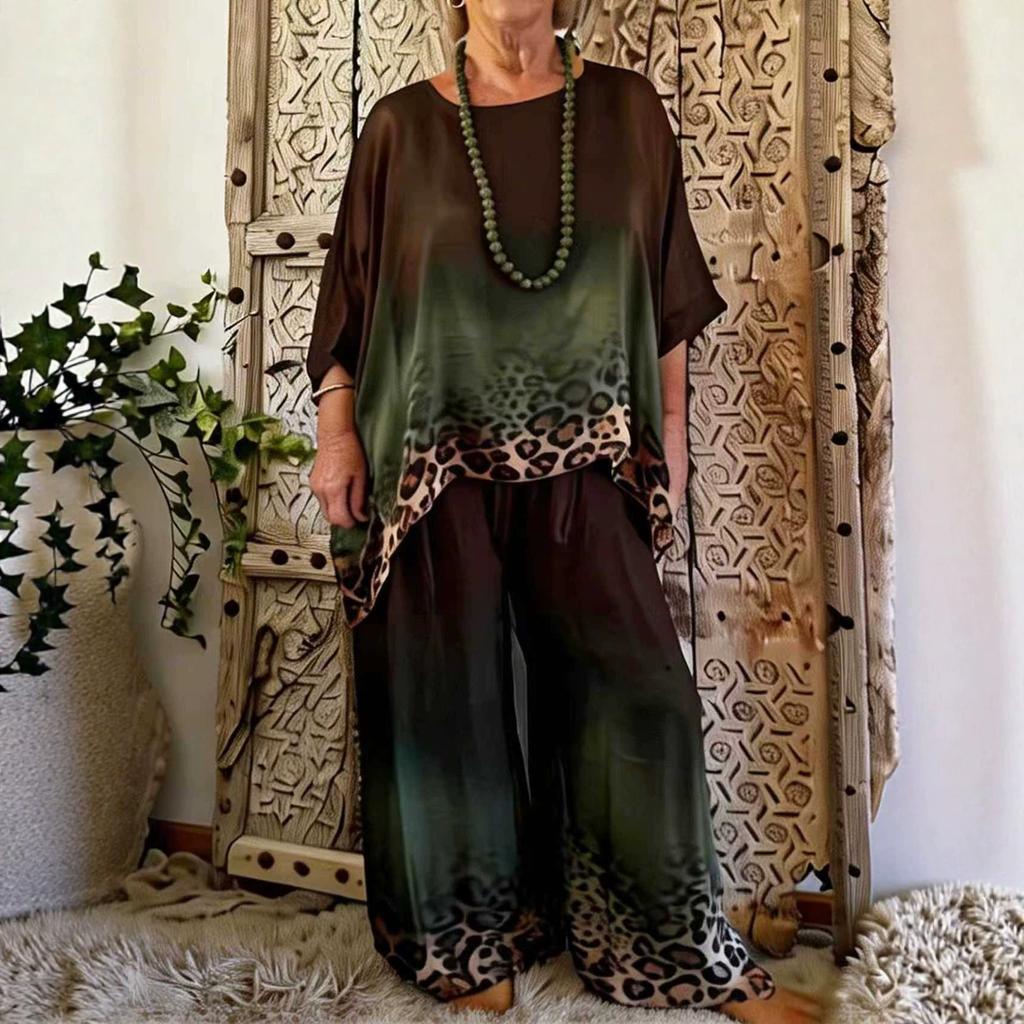 Summer New Leopard Print Three-quarter Sleeve Top and Wide-leg Pants Fashion Duet