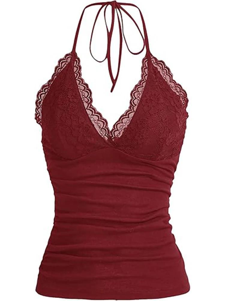 

European-American V-Neck Lace Halter Open-Back Camisole - Spring/Summer Hot Girl Style Small красный