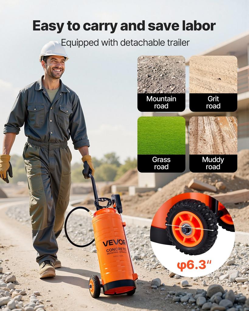 Industrieller Betonsprühgerät mit Fahrgestell, 14L Edelstahl-Sprühgerät, Heavy Duty Tri-Poxy Pumpensprüher, 52cm Sprühlanze, 1,2m & 3m Schläuche, 2 Messing