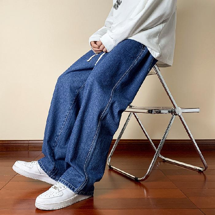 Four Seasons Streetwear Loose Jeans Men Korean Style Fashion Loose Straight Wide Leg Pants Men's Brand Clothing Black Light Blue