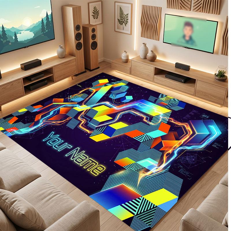 City Cyberpunk Theme Crystal Velvet Floor Rug Personalized Custom Name Text Warm Carpet Home Decoration