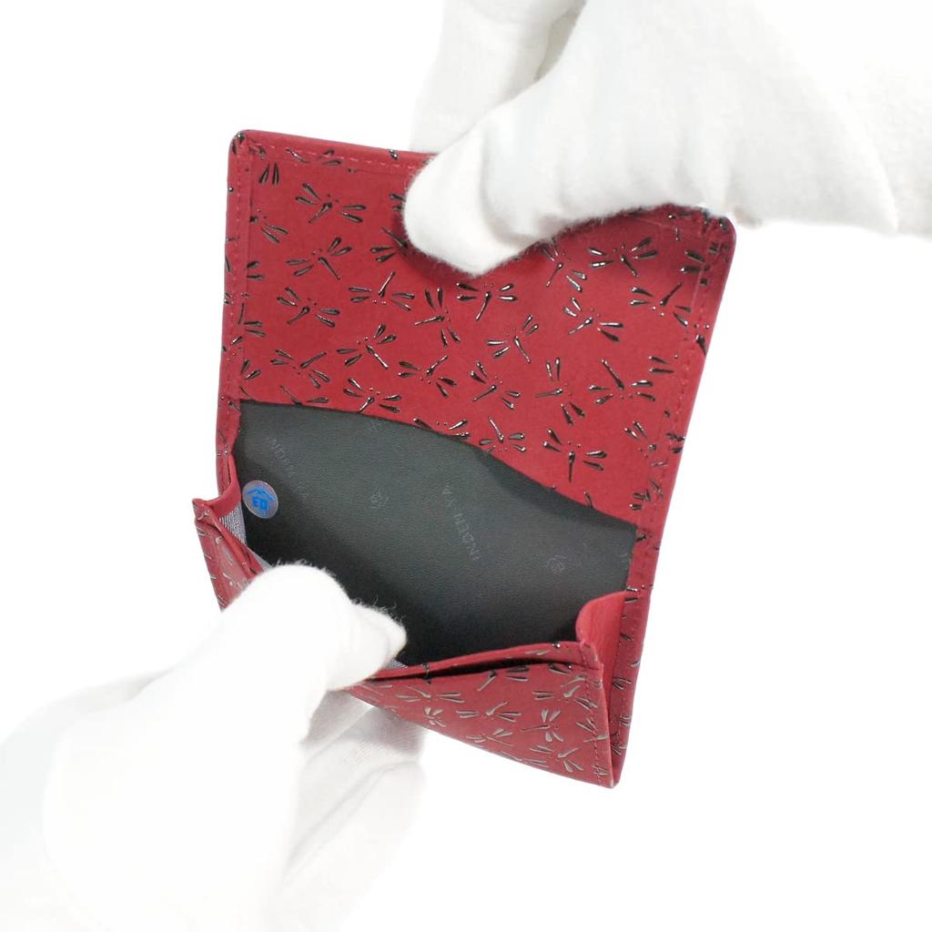 Indenya Inden Business Card Case, Large Capacity, Deerskin Leather, Red with Black Lacquer, Dragonfly Pattern, 2501-03-008