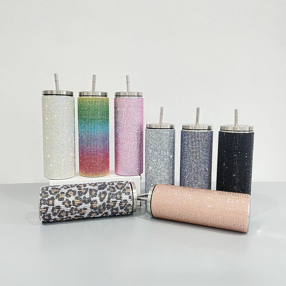 Bling Rhinestone Thermos Bottles Leopard Print Stainless Steel Water Bottle  Outdoor Activities