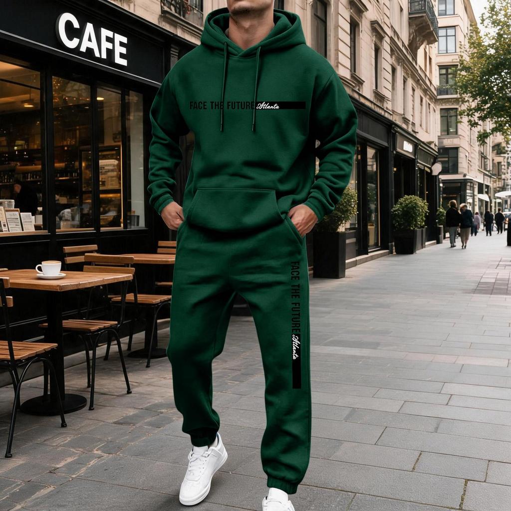 Men's Casual Letter Print Hooded Sweatshirt and Sweatpants Set, Lined 2 Piece Outfit