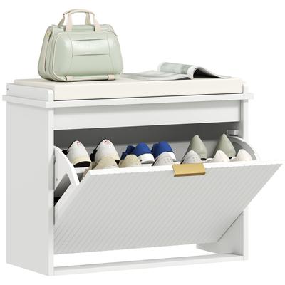 Schuhbank mit gepolstertem Sitzkissen und Klappschublade für Flur, Schlafzimmer, 62 x 26 x 47,5 cm, Weiß