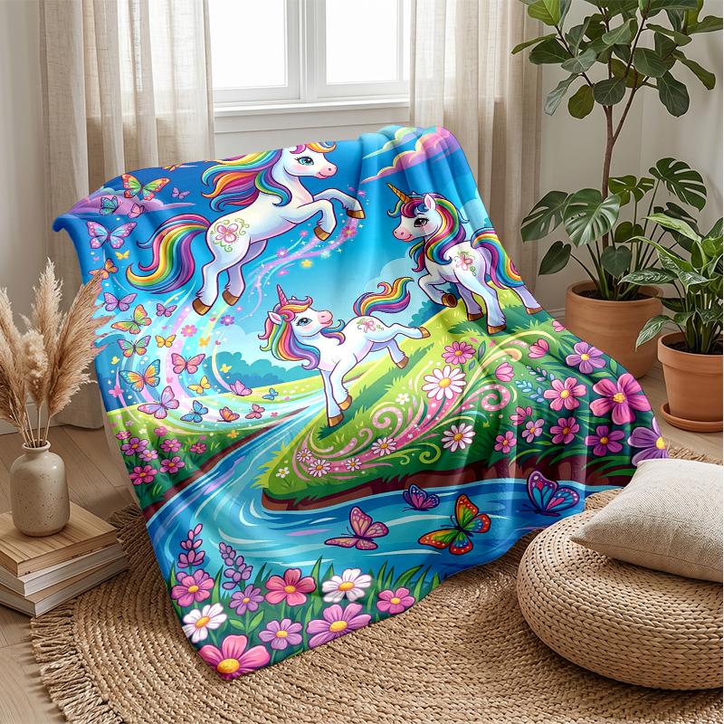 Rainbow Unicorns in Meadow Theme blanket Lightweight Warm Flannel Blanket Decorative Throw Blanket for Home Decoration