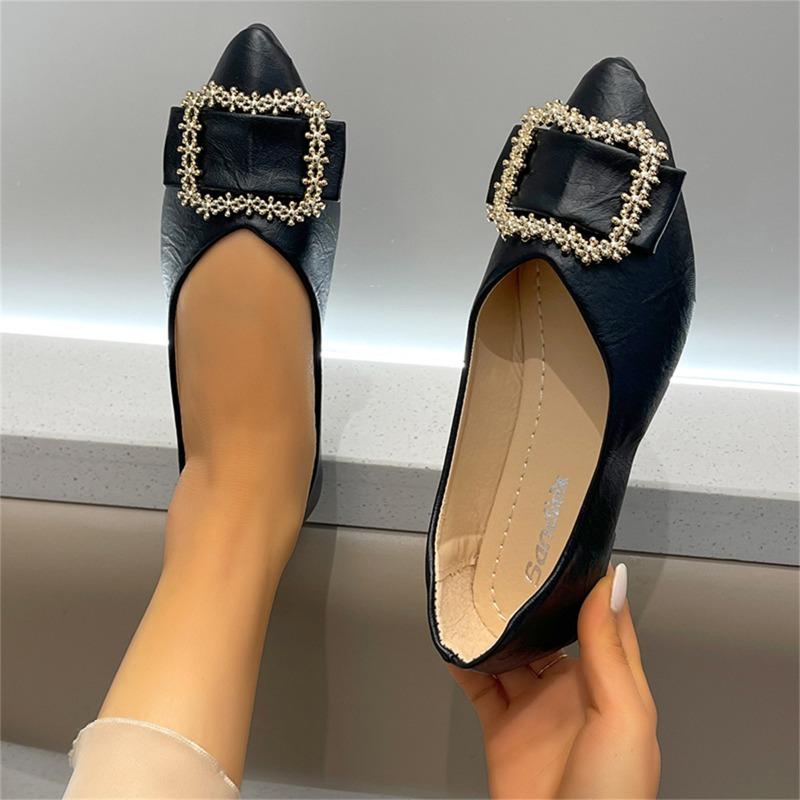 Mode Damenmode Schuhe niedriger Absatz Herbst neu spitze Zehen flacher Ausschnitt Wasserdiamant Schnalle weiche Sohle rutschfest flache Schuhe