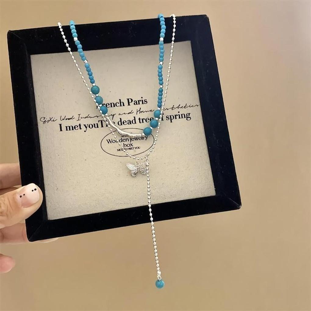 

Women s Turquoise Bead Butterfly Double Layered Necklace turquoise butterfly