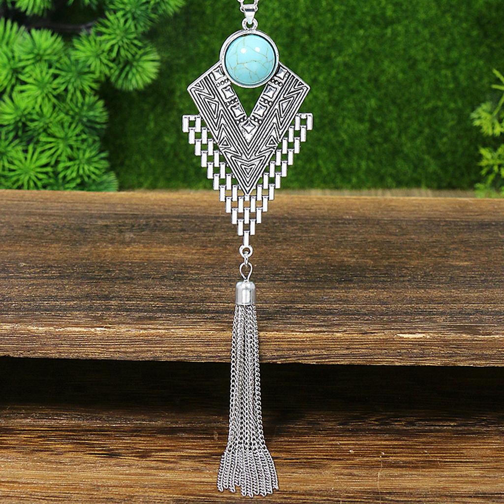 Ethnic Blue Stone Retro Chain Tassel Long Necklace Earring Turkish Gypsy Copper Color Geometric Carved Necklace for Women Party