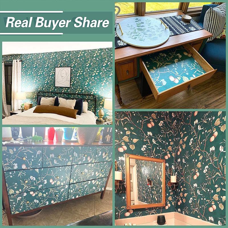 Zelená Květinová Samolepicí Tapeta Vintage Květinové Vinylové Samolepky Květina&Pták Vodotěsná Samolepicí Vložka do Zásuvky Dekorativní
