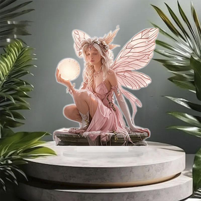 Pink Fairy Angel Holding  Moon 2D 8in Dreamy Acrylic Home Desktop Decor Artistic Design Color Printing Delicacy Girl Party Gift
