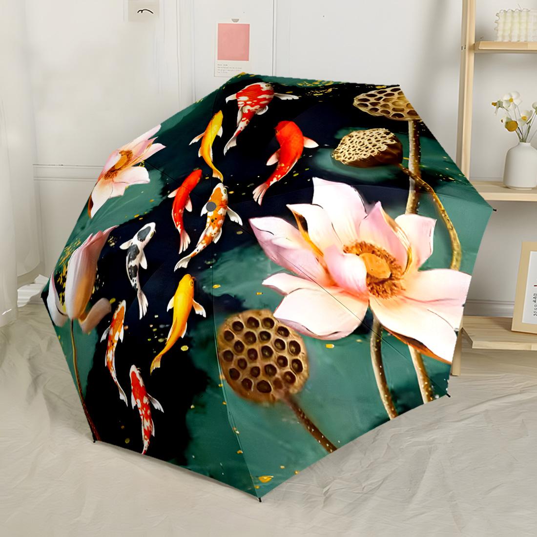 

Koi Fish And Lotus Flowers Outdoor Automatic Umbrella Compact 8-Rib Design Foldable Design All-Season Use Fashionable Birthday/Christmas Gift