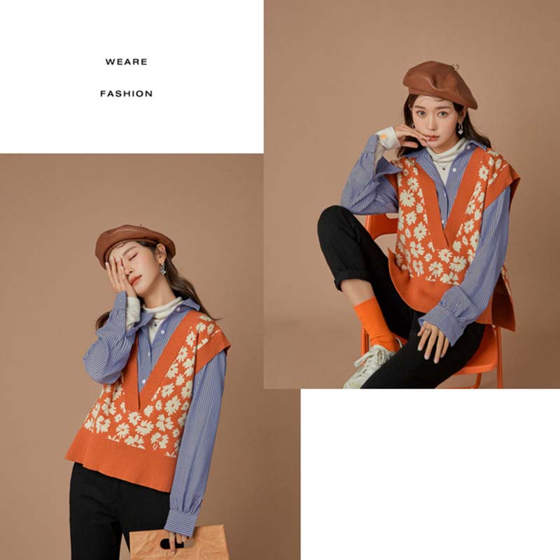 Floral Sweater Vest Women Autumn Winter Fashion Knitted Vest Sleeve Jackets  V Neck Woman Pullover Jumper Girl Sweater Retro English Wind