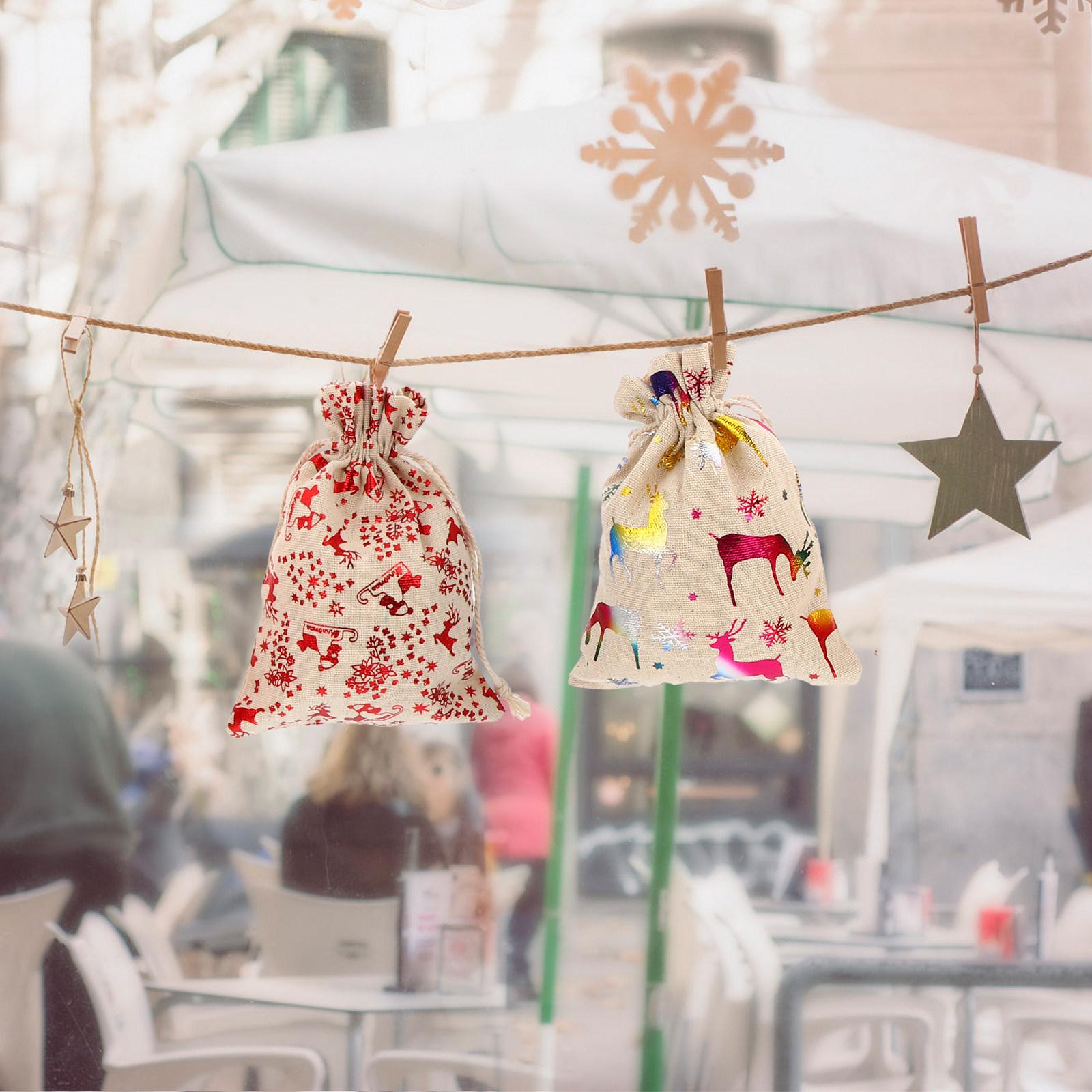 

1Set Christmas Calendar Drawstring Bag Linen Jute Wooden Clip Rope Sticker Set Xmas Gift Container Candy Treat Bag Hanging Decor other