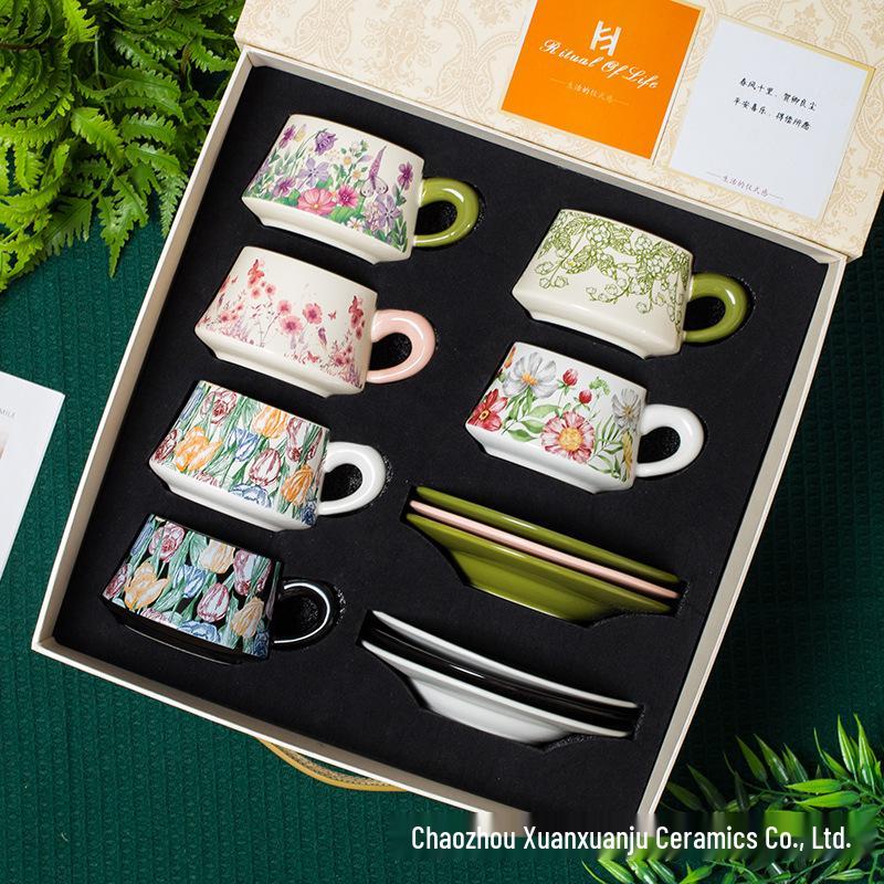 Retro Style Gift Box Set: High-End Ceramic Coffee and Tea Cup with Saucer