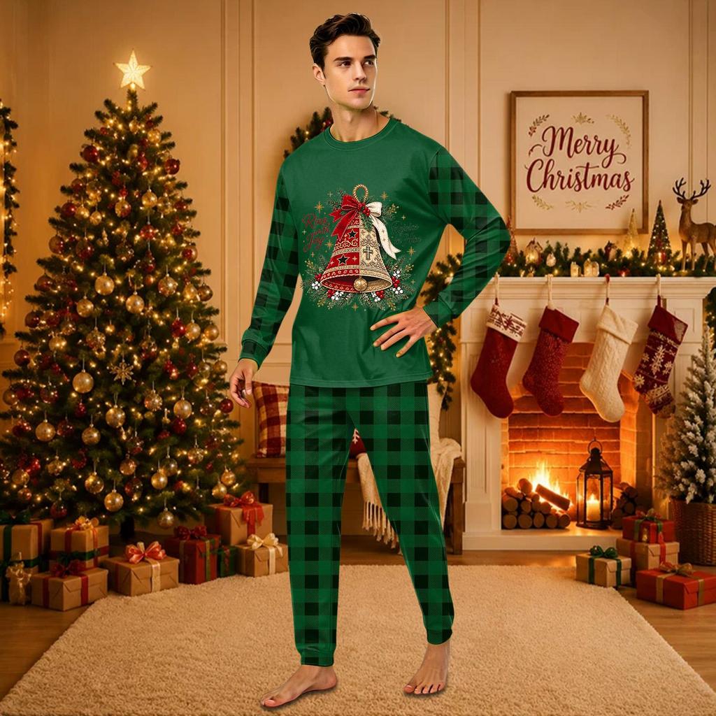 Christmas-print long-sleeve and long-pant matching family loungewear set