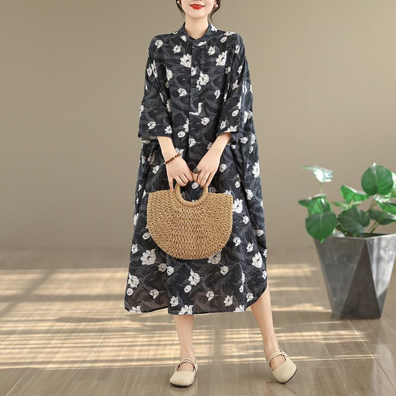 DIMANAF New 2026 Women Plus Size Spring Summer Beach Vintage Long Dress Lady Loose Oversize Maxi Floral Print Cotton Button