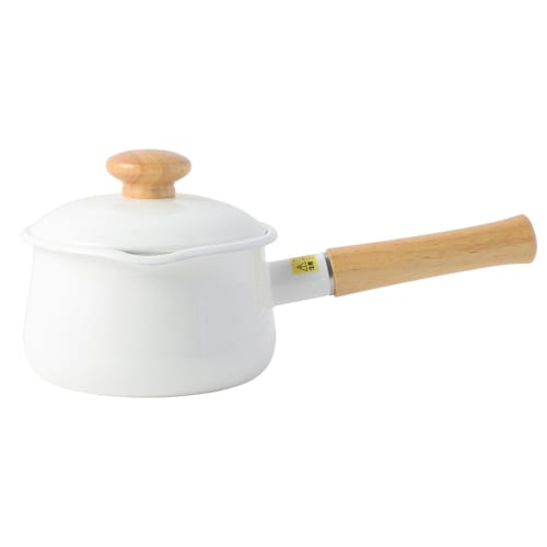Fuji Enamel Milk Pan with Lid, 15cm, 1.2L, Induction Compatible, White, Long Handle, Enamel Saucepan