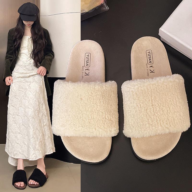 Mao Mao Slippers Women's Autumn and Winter New Indoor Lazy One-word Plush Slippers Home Flat Cotton Slippers