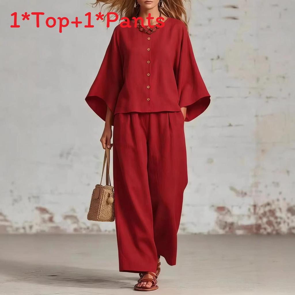 Womens Summer Linen Cotton Blended Top Wide Leg Pants Suit With Spliced Pattern For Casual Office Wear