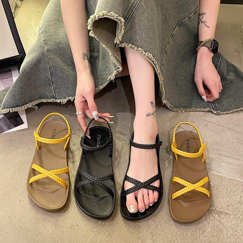 Comfortable Open-toed Women's Flat Sandals Korean Style Fashion Roman Beach Shoes Woven Cross Band Casual Sandals for Summer