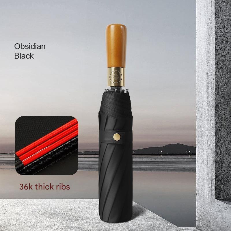 High-end Tri-fold Fully Automatic Storm-resistant Sunscreen Umbrella 12 Bone Wooden Handle Black Plastic Advertising Umbrella чёрный