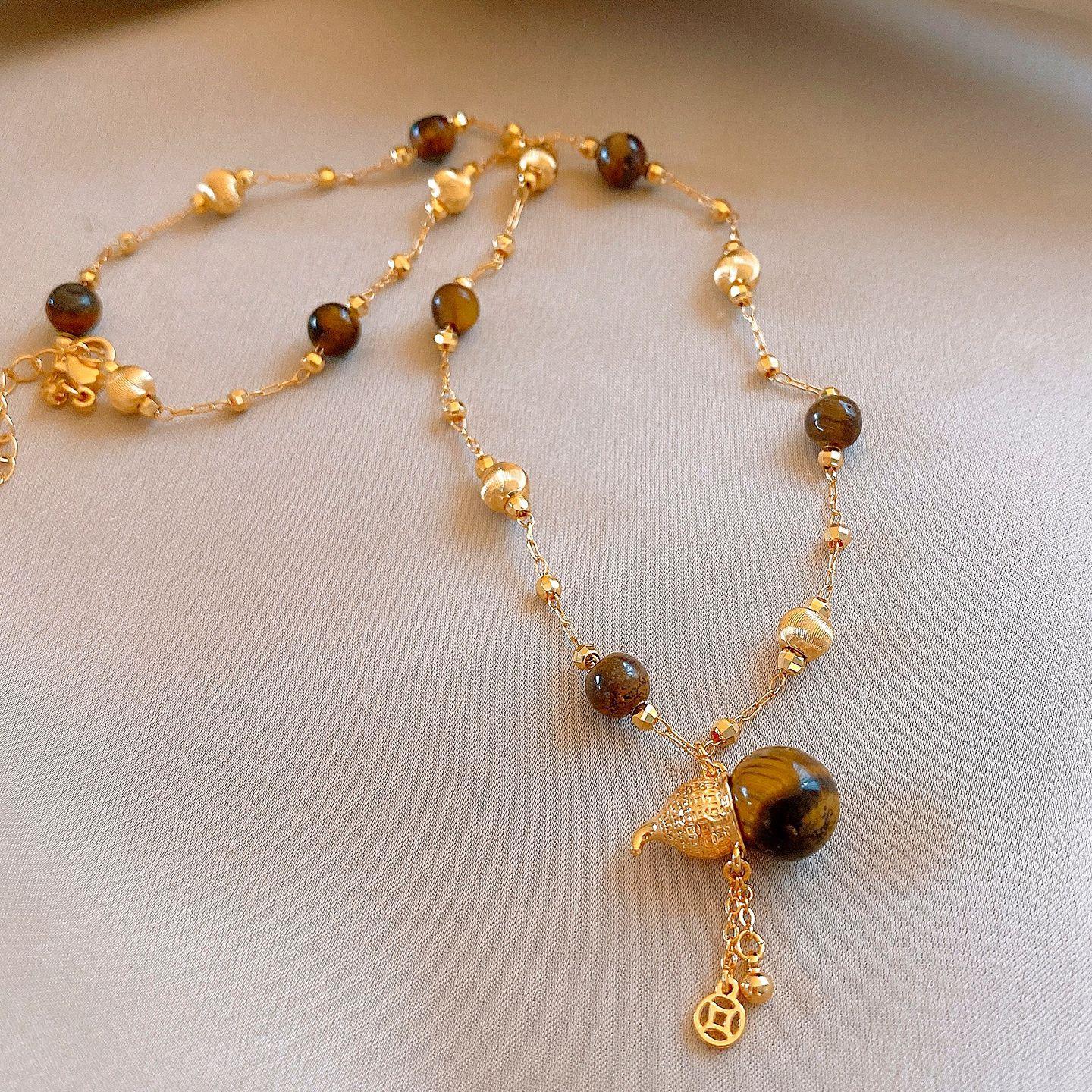 

Vintage autumn and winter zircon gourd tiger s eye stone beaded necklace women s sweater chain necklace