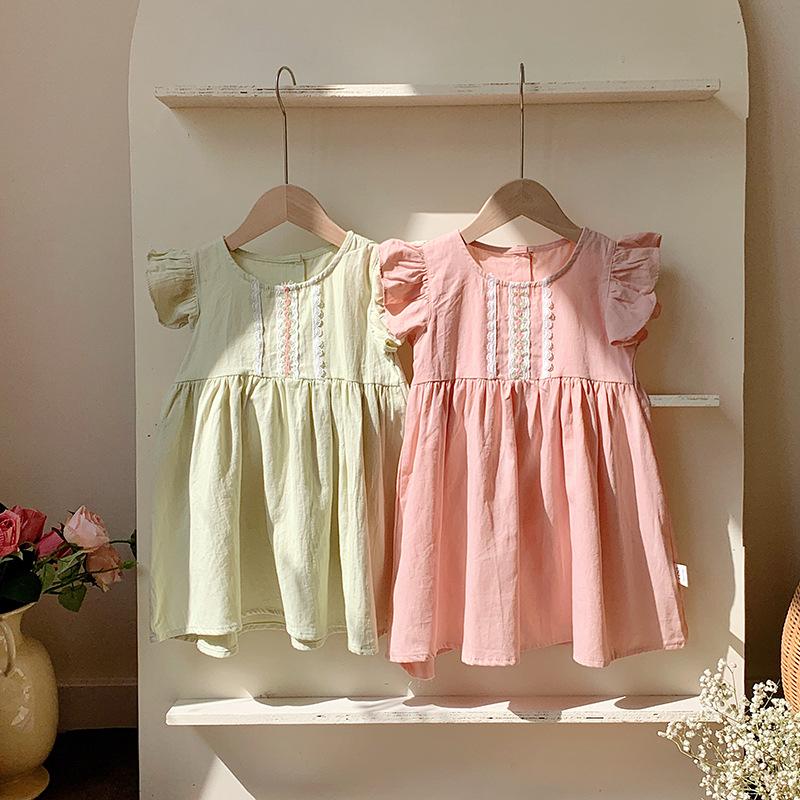 Korean Style Girls' Lace Trim Puff Sleeve Dress - 2026 Summer Collection in Washed Cotton