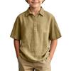 Boys Short Sleeve Shirt Cotton Linen Blend Lightweight Breathable Summer Casual Top with Button Placket and Classic Collar for Kids