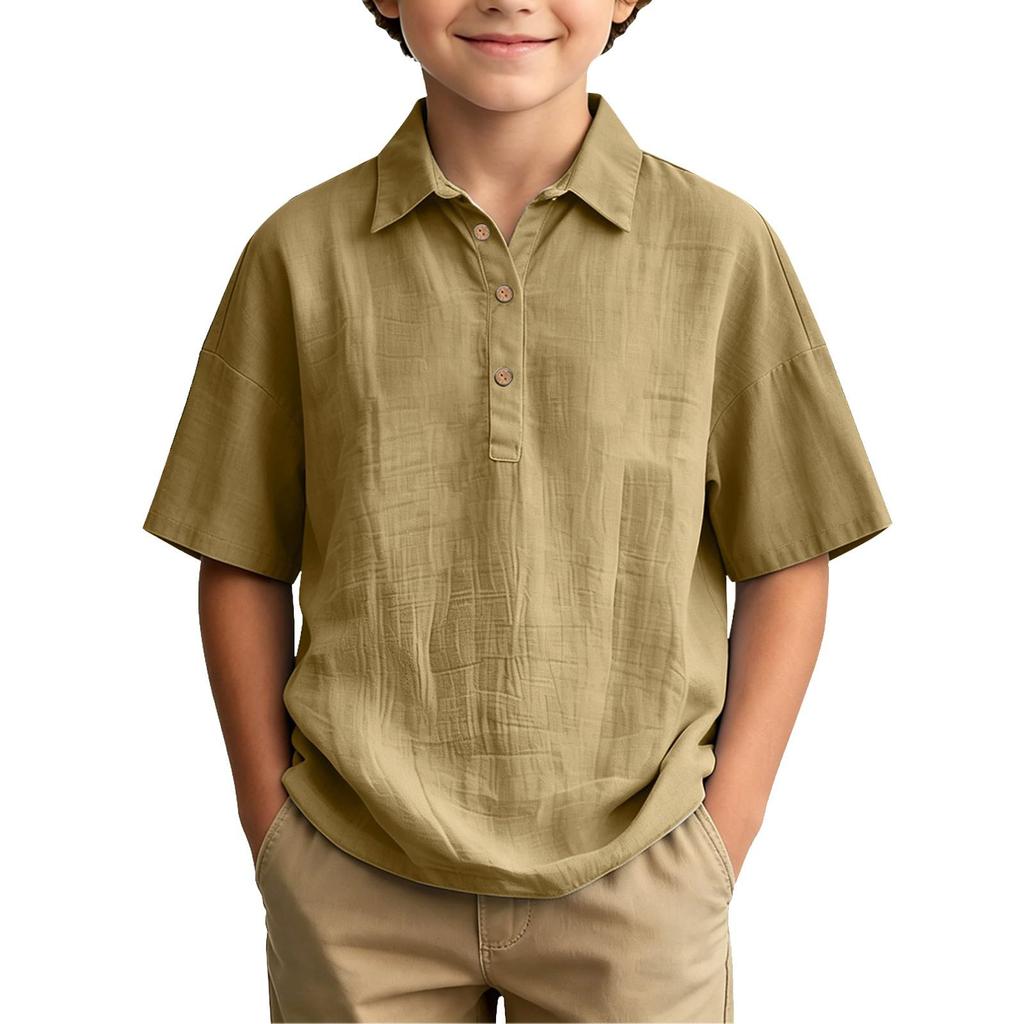 Boys Short Sleeve Shirt Cotton Linen Blend Lightweight Breathable Summer Casual Top with Button Placket and Classic Collar for Kids
