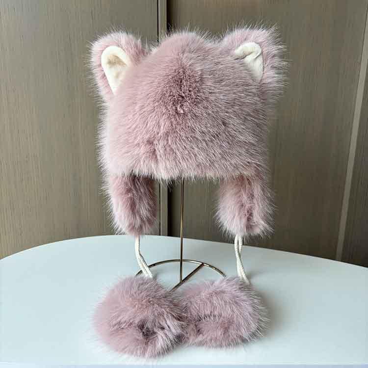 Ladies Cute Fox Ears Lei Feng Hat Winter Thickened Hanging Ball Ear Hat Student Travel Warm Plush Hat