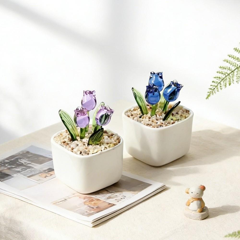 Mini Glass Flower Bouquet with Flowerpot Glass Flower Decor Blown Glass Flower  Wedding Decoration