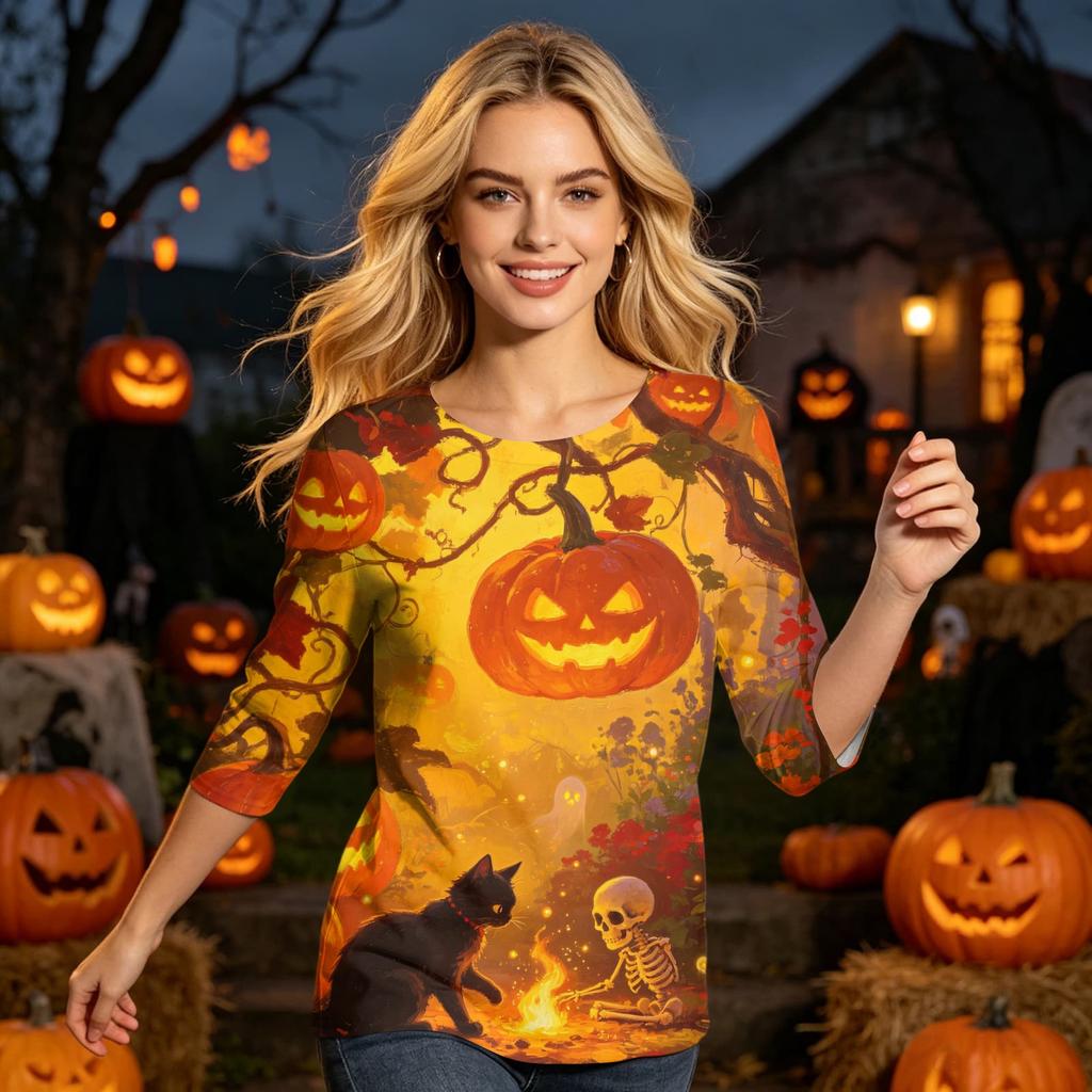 Women's Casual 3/4 Sleeve Halloween Print Round Neck Top Lightweight Loose Fit Pullover Shirt for Everyday Wear