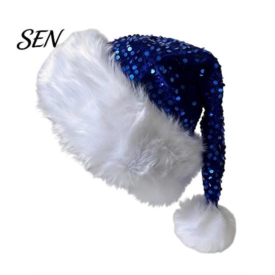 Santa Hat Christmas Sparkly for Women Men, Glitter Sequin with White Fluffy Trim Festive Costume Accessories Cosplay And Pom Pom, Holiday Party Bling
