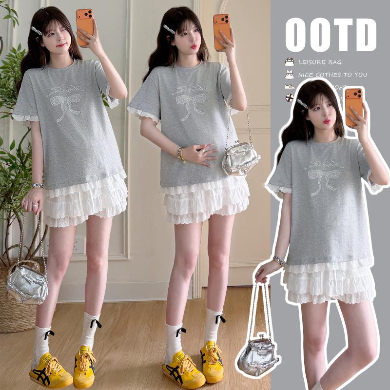 2026 Summer Maternity Sweet Petite Korean T-shirt & Lace Trim Skirt-Pants Set M