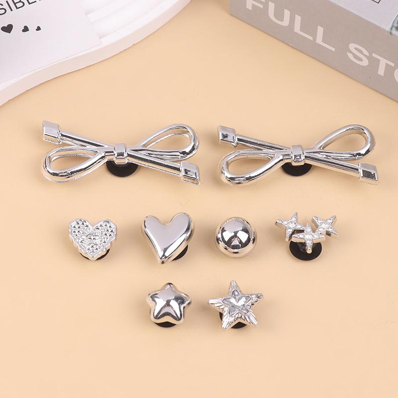 8Pcs/Set Metal Silver Electroplated Bow Button Dot Heart Charms Shoe Buckle Diy Detachable Clogs Sandals Accessories