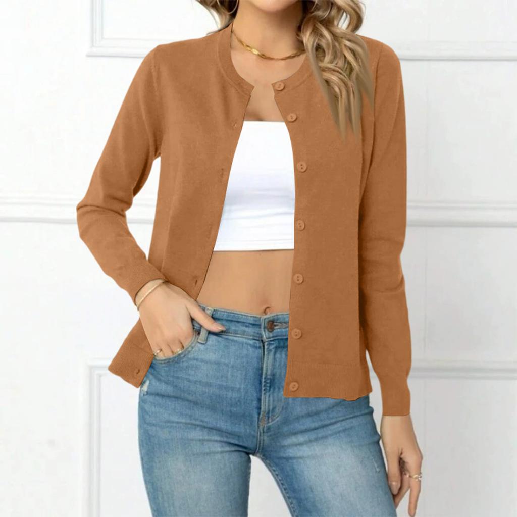 Cardigan in Maglia da Donna con Bottoni Frontali, Girocollo, Manica Lunga, Top Morbido Casual