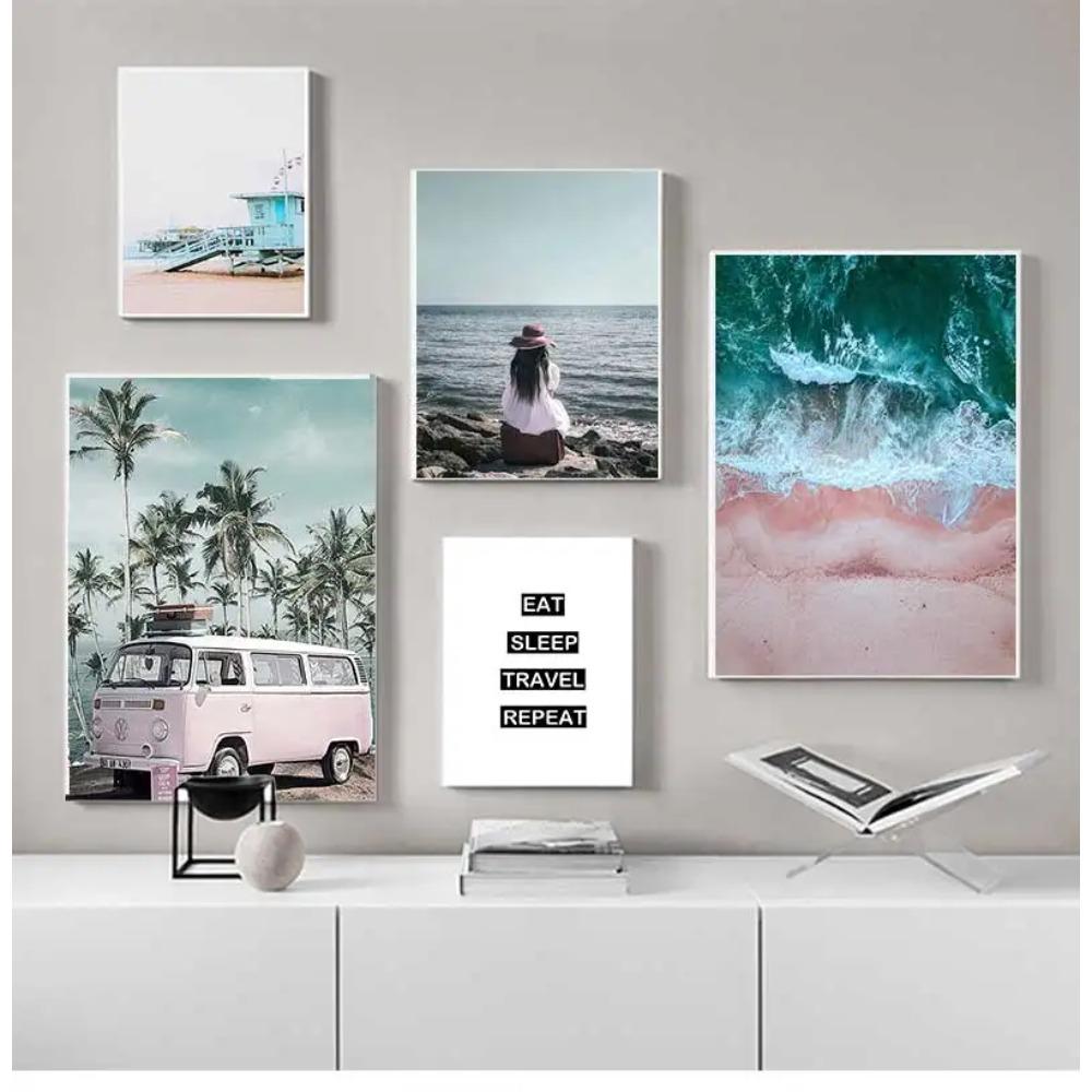 Dekorationsbild, skandinavisches Heimdekor, Ozeanlandschaft, Leinwand, nordischer Stil, Strand, rosa Bus, Wandkunstdruck, Gemälde