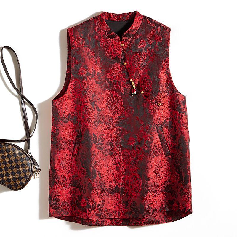 

Concave-Convex Digital Craft! Heavy Industry Chinese Style Stand-up Collar Frog Button Tassel Sleeveless Vest Skirt Female Spring & Fall Dress Red XL