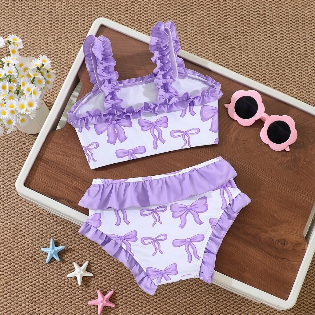 2Pcs Girls Bow Print Ruffle Bikini Set Kids Swimwear Swimsuit