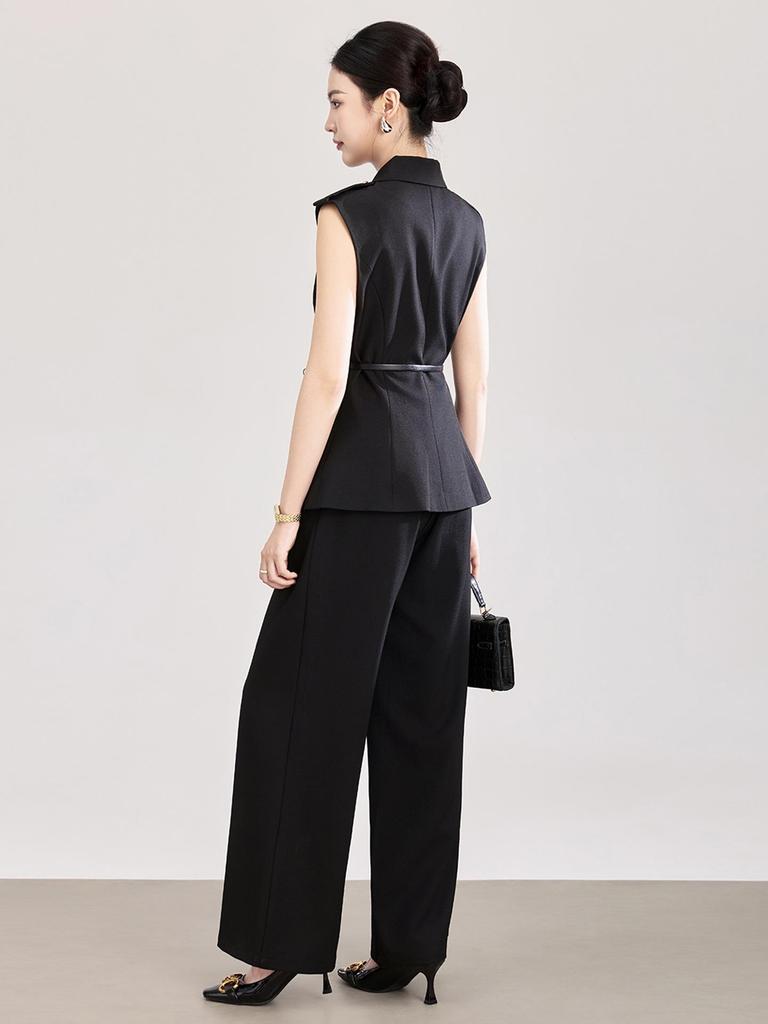 Women's Spring/Summer Age-Defying Suit Set: Waist-Cinched Vest & Draped Wide-Leg Pants.
