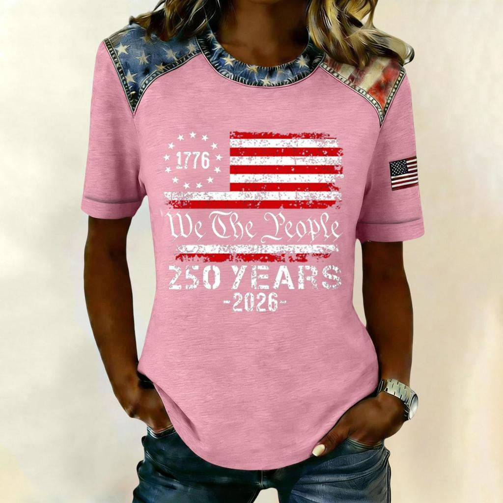 Women Casual Short Sleeve T Shirt Crew Neck Patriotic Letter Print Top Slim Fit Lightweight Tee for Everyday Wear