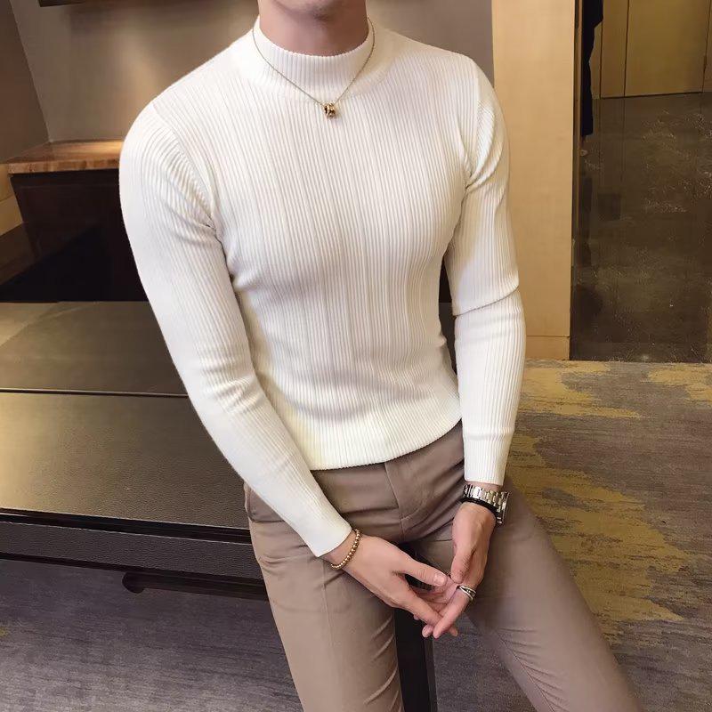 2026 Men's Striped Slim-Fit Knitwear: Autumn/Winter Long-Sleeved Half-High Neck Base Layer