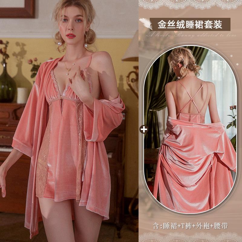 Xianyi Autumn and Winter Pajamas Women's Sexy Lace Deep V Comfortable Suspender Pajamas Open Back Temptation Loungewear Can Be Worn Outside 489