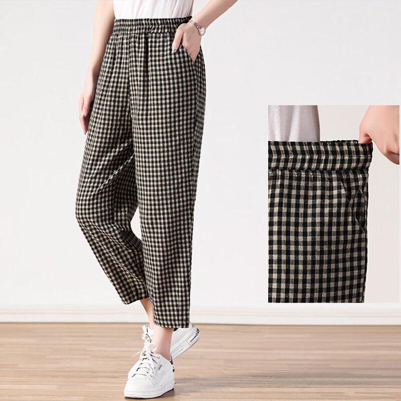 Datang Furen Mid-Aged & Elderly Women s High-Waist Plaid Nine-Point Pants XL
