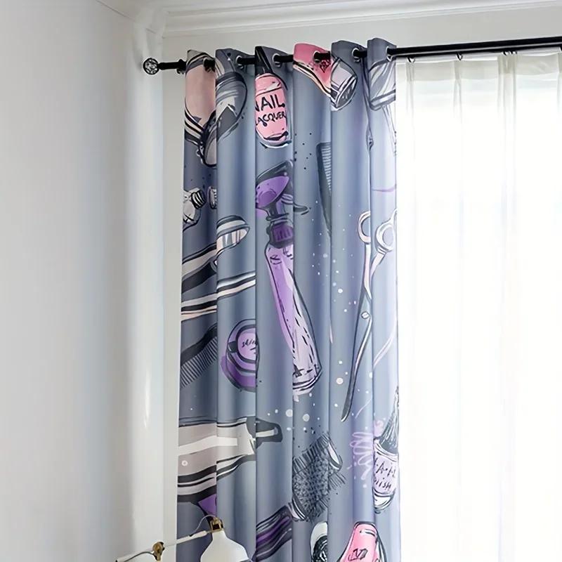 3D 2pcs Curtains For Beauty Salons Simple Red Lips Makeup Brush Grommet Top Fabric Curtains Decor For Living Room Office Home D