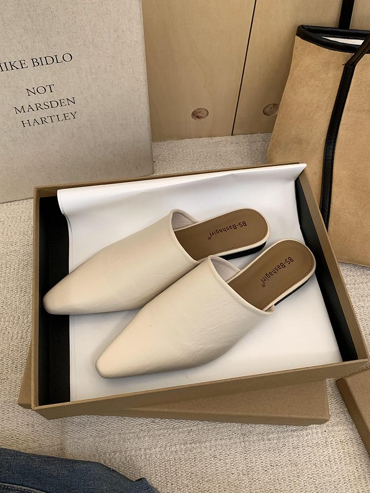 Fashion Comfortable Summer Slippers Mules Soft Leather Pointed Toe Slip On Sandalias Soild Mature Fashion Casual Low-heeled Shoes Mujer